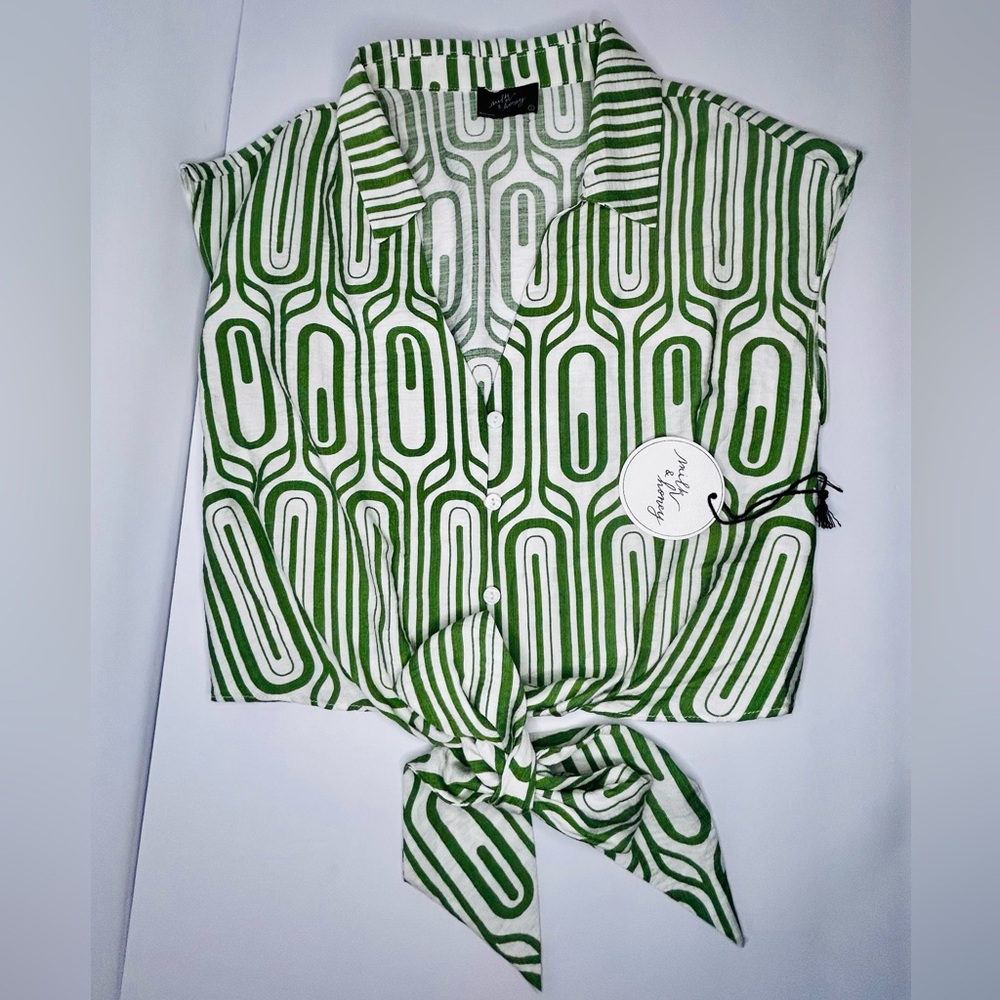 Milk & Honey. green and white patterned tie-front top  Size small